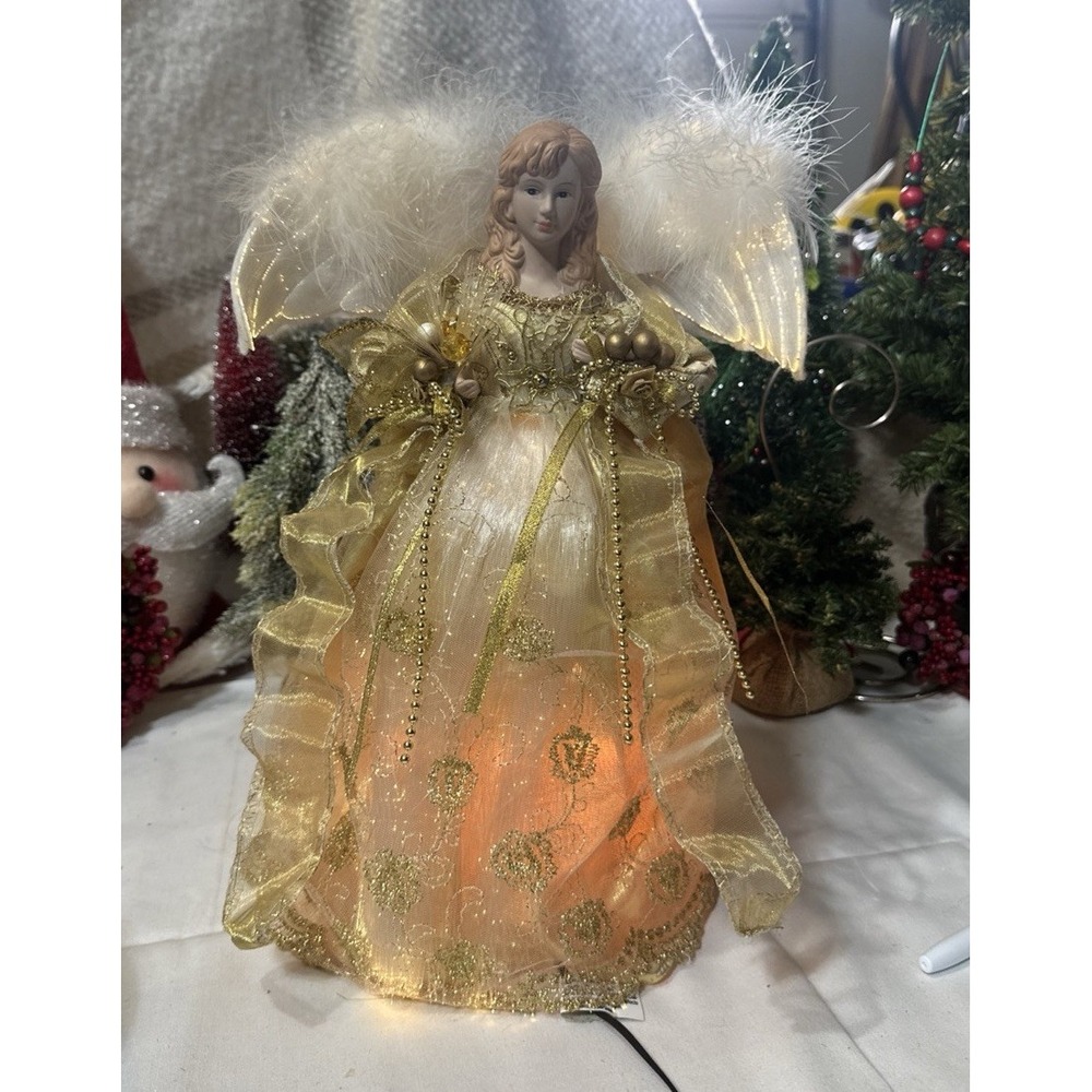 VTG LARGE FIBER OPTIC ANGEL 15" GOLD W/GOLD TRIM GOWN WHITE FEATHER WINGS MOVE